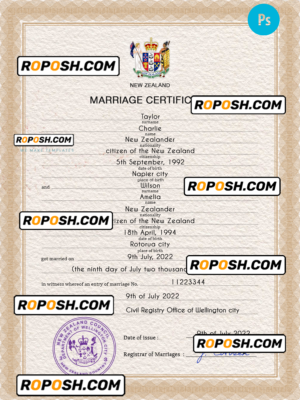 New Zealand marriage certificate PSD template, completely editable