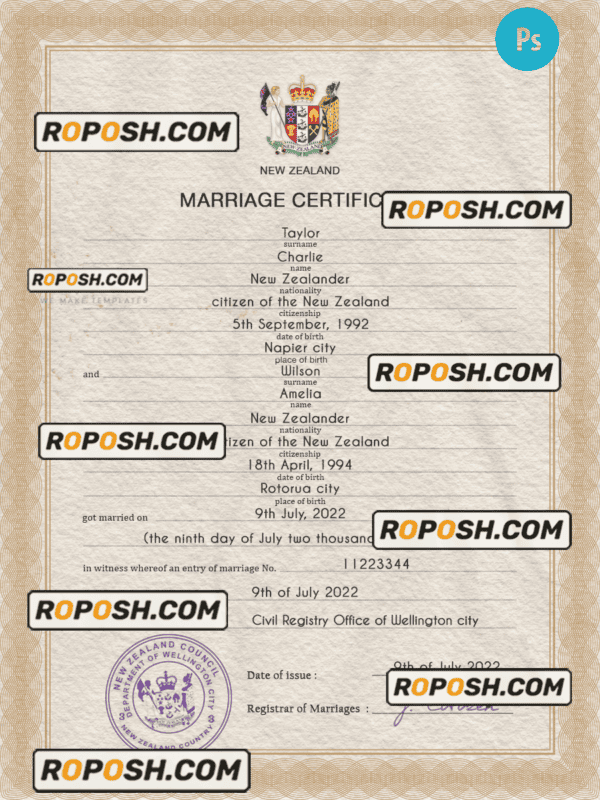 New Zealand marriage certificate PSD template, completely editable