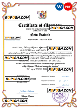 New Zealand marriage certificate Word and PDF template, completely editable