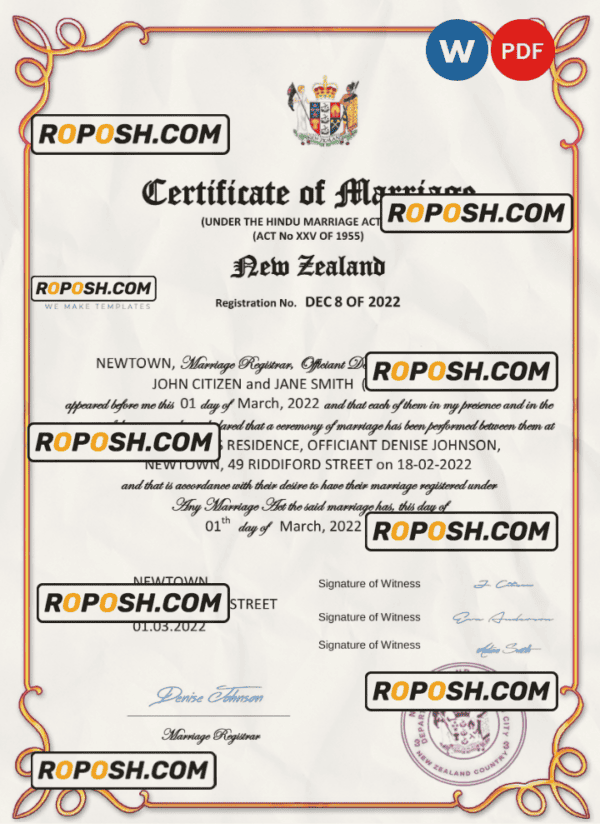 New Zealand marriage certificate Word and PDF template, completely editable