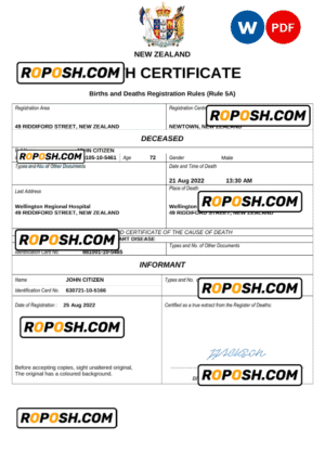New Zealand death certificate Word and PDF template, completely editable