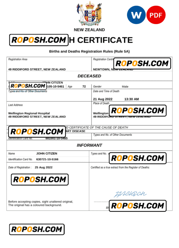 New Zealand death certificate Word and PDF template, completely editable