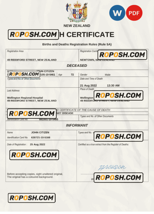 New Zealand death certificate Word and PDF template, completely editable