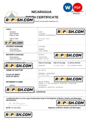Nicaragua vital record birth certificate Word and PDF template, completely editable