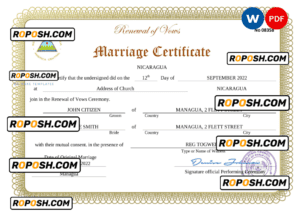 Nicaragua marriage certificate Word and PDF template, fully editable