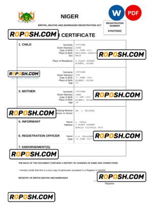 Niger birth certificate Word and PDF template, completely editable