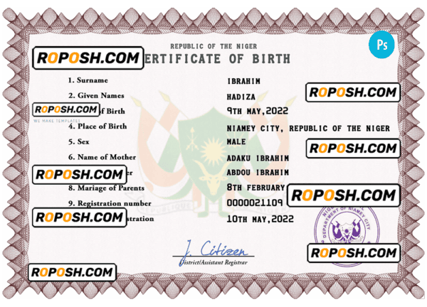 Niger vital record birth certificate PSD template
