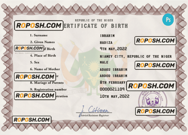 Niger vital record birth certificate PSD template