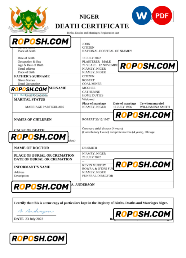 Niger death certificate Word and PDF template, completely editable