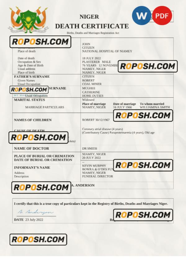 Niger death certificate Word and PDF template, completely editable scan effect