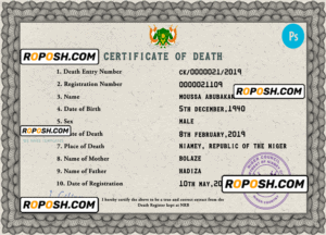 Niger death certificate PSD template, completely editable