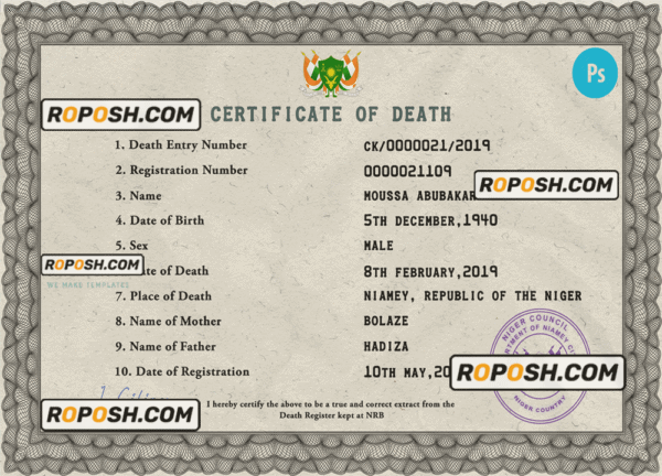 Niger death certificate PSD template, completely editable