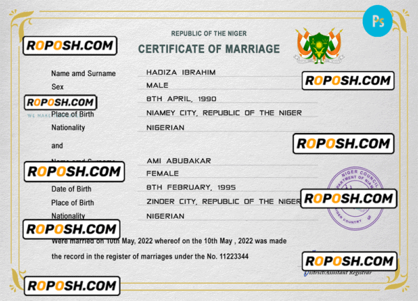 Niger marriage certificate PSD template, completely editable