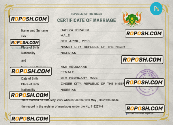 Niger marriage certificate PSD template, completely editable