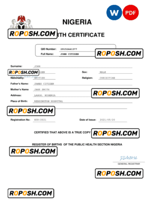 Nigeria vital record birth certificate Word and PDF template, completely editable