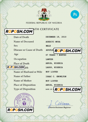 Nigeria vital record death certificate PSD template, fully editable