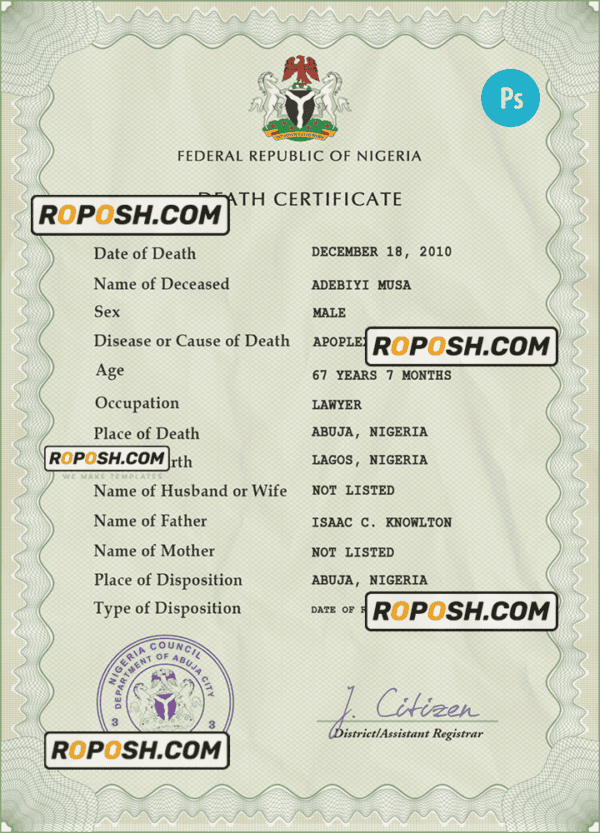 Nigeria vital record death certificate PSD template, fully editable