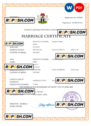Nigeria marriage certificate Word and PDF template, completely editable