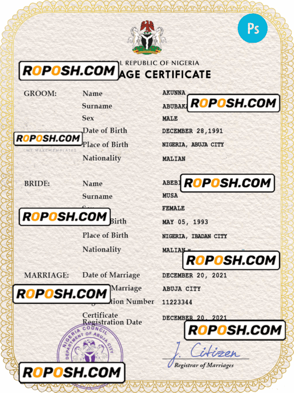 Nigeria marriage certificate PSD template, fully editable