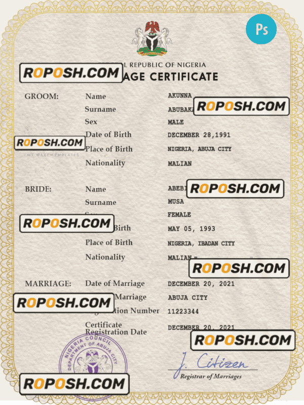 Nigeria marriage certificate PSD template, fully editable