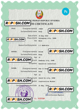 North Korea birth certificate PSD template, completely editable