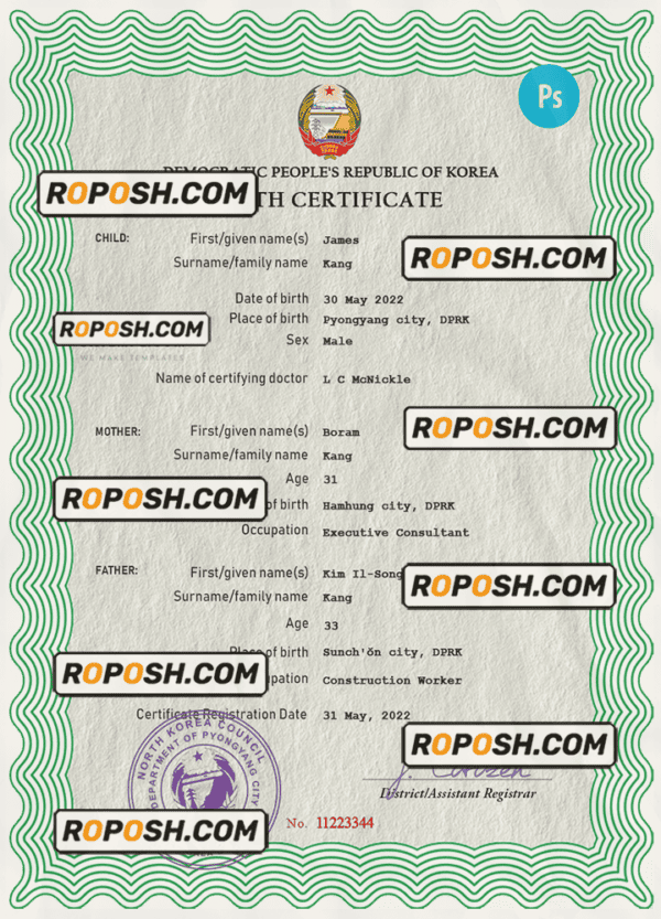 North Korea birth certificate PSD template, completely editable