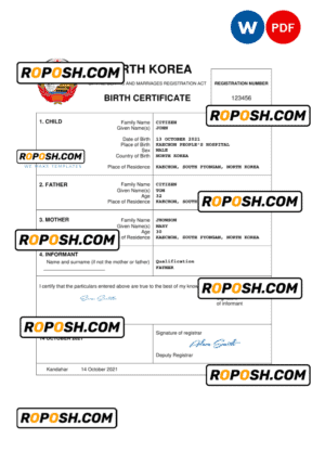 North Korea birth certificate Word and PDF template, completely editable