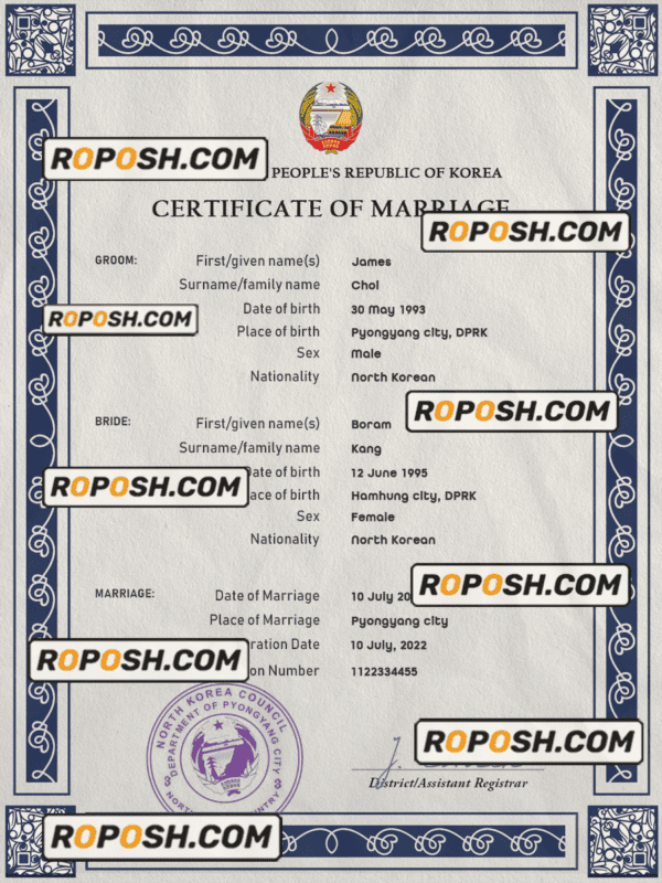 North Korea marriage certificate PSD template, completely editable