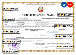 North Korea marriage certificate Word and PDF template, fully editable