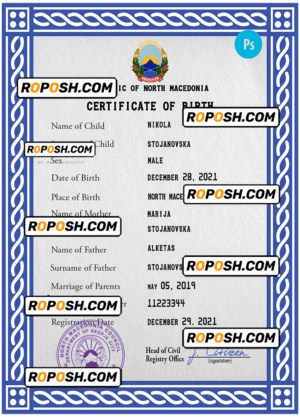 North Macedonia vital record birth certificate PSD template