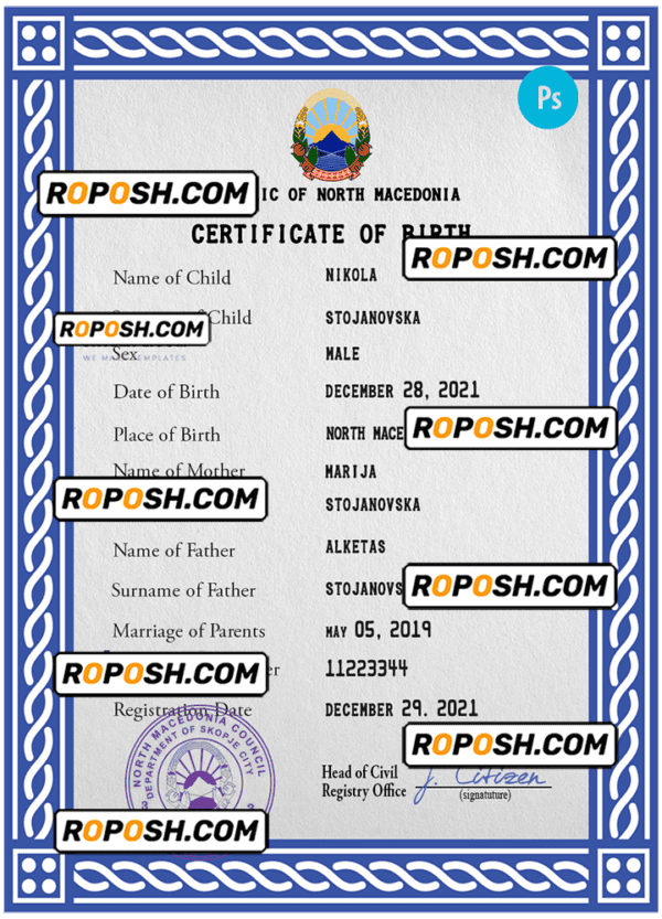North Macedonia vital record birth certificate PSD template