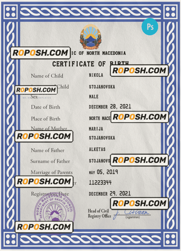 North Macedonia vital record birth certificate PSD template