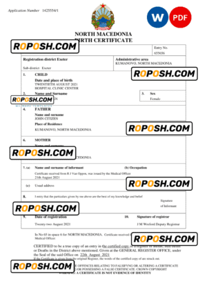 North Macedonia vital record birth certificate Word and PDF template, completely editable