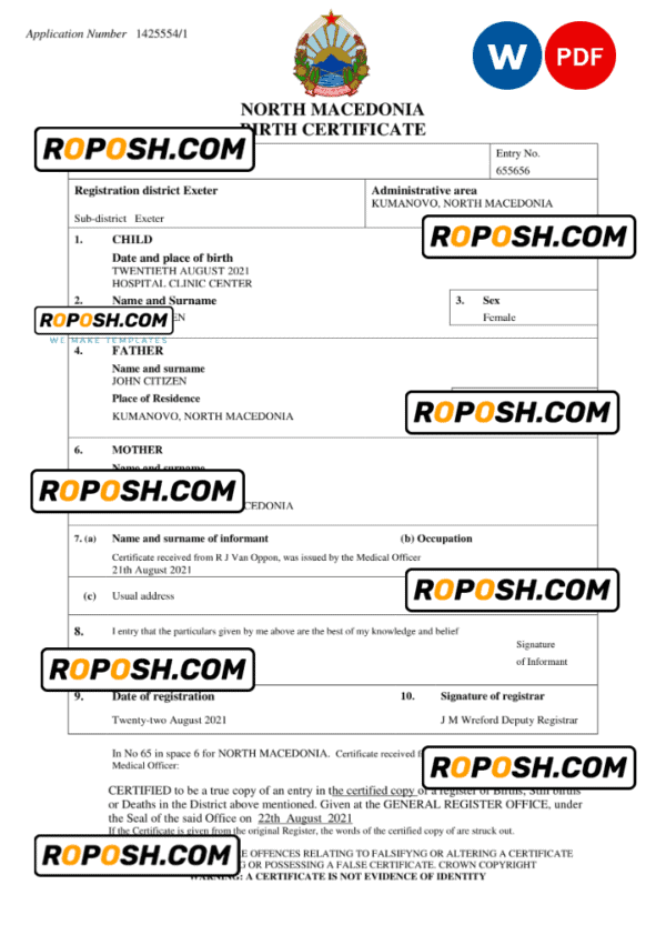 North Macedonia vital record birth certificate Word and PDF template, completely editable