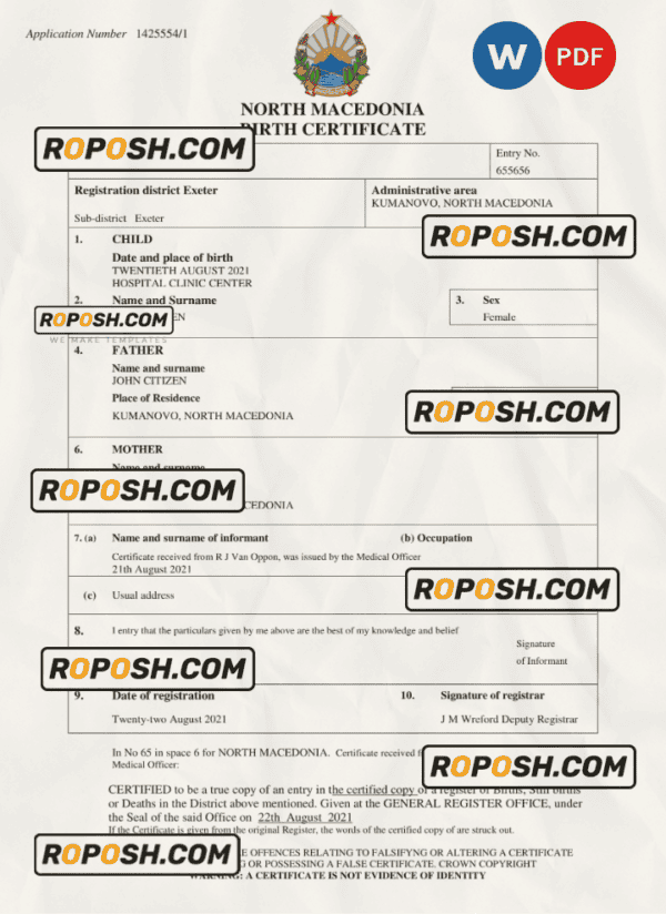 North Macedonia vital record birth certificate Word and PDF template, completely editable