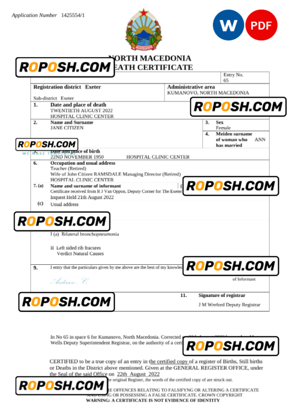 North Macedonia death certificate Word and PDF template, completely editable