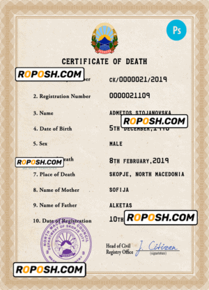 North Macedonia vital record death certificate PSD template