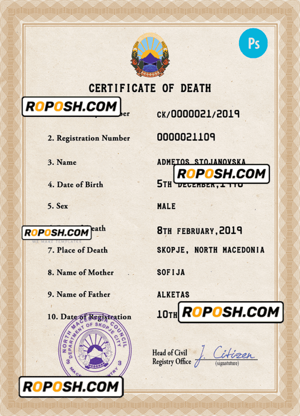 North Macedonia vital record death certificate PSD template