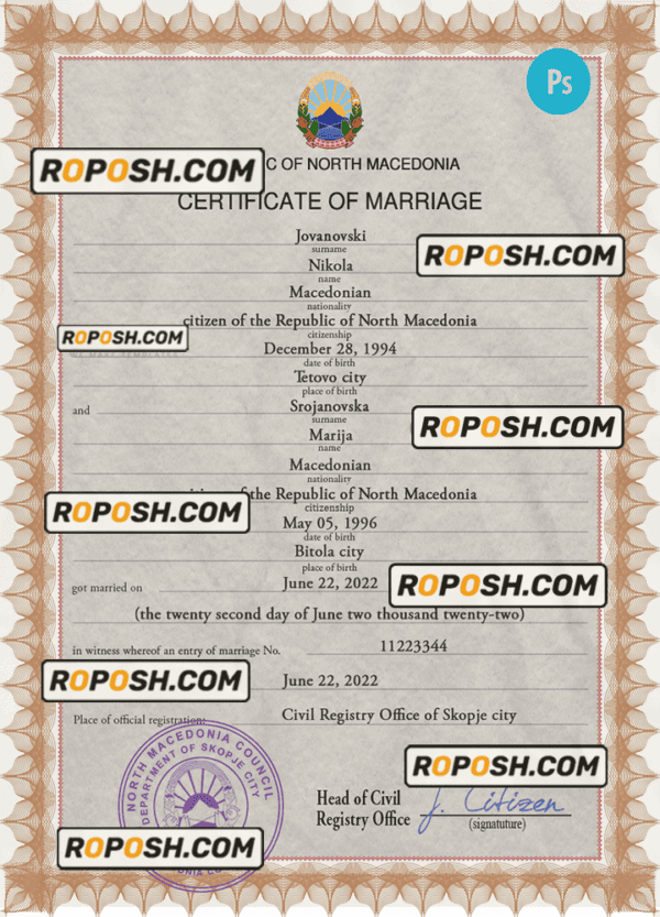 North Macedonia marriage certificate PSD template, fully editable