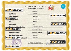 Northern Ireland vital record birth certificate PSD template, fully editable