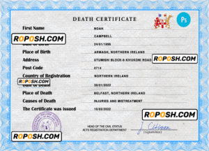 Northern Ireland death certificate PSD template, completely editable