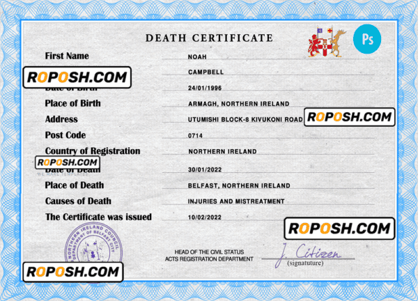 Northern Ireland death certificate PSD template, completely editable