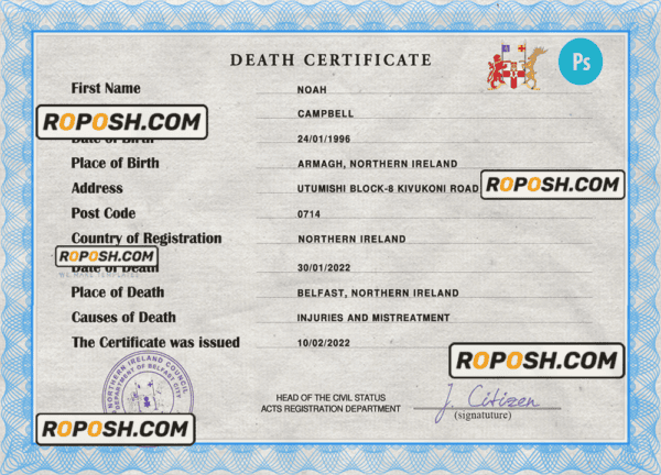 Northern Ireland death certificate PSD template, completely editable