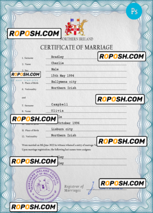 Northern Ireland marriage certificate PSD template, completely editable