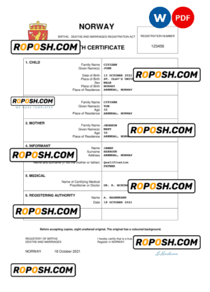 Norway birth certificate Word and PDF template, completely editable