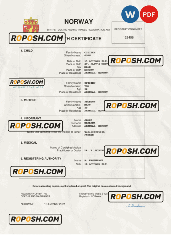 Norway birth certificate Word and PDF template, completely editable