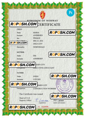 Norway birth certificate PSD template, completely editable