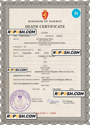 Norway vital record death certificate PSD template, completely editable