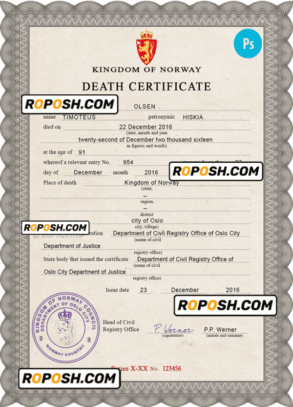 Norway vital record death certificate PSD template, completely editable