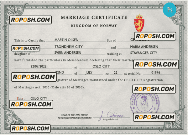 Norway marriage certificate PSD template, fully editable